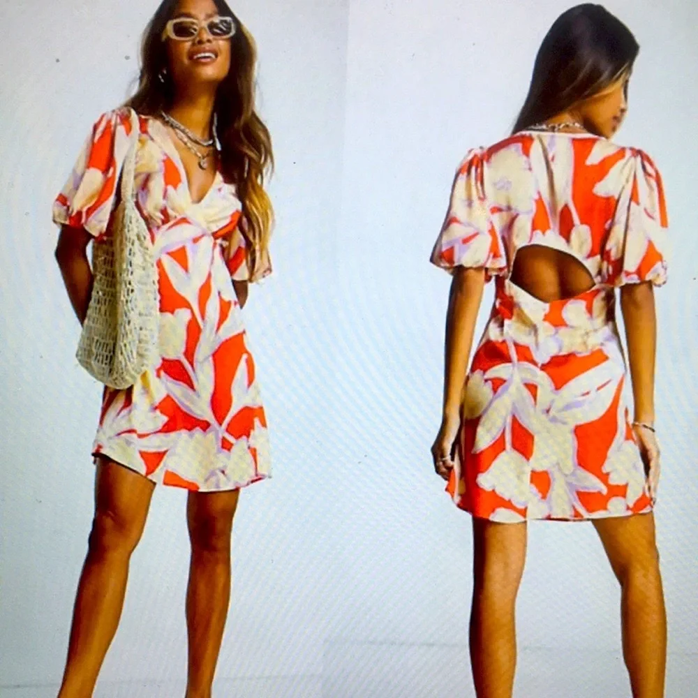 ๐ TOPSHOP Puff Sleeve Cutout Back Large Floral Satin Mini Dress 4 Red/Cream - Picture 13 of 15